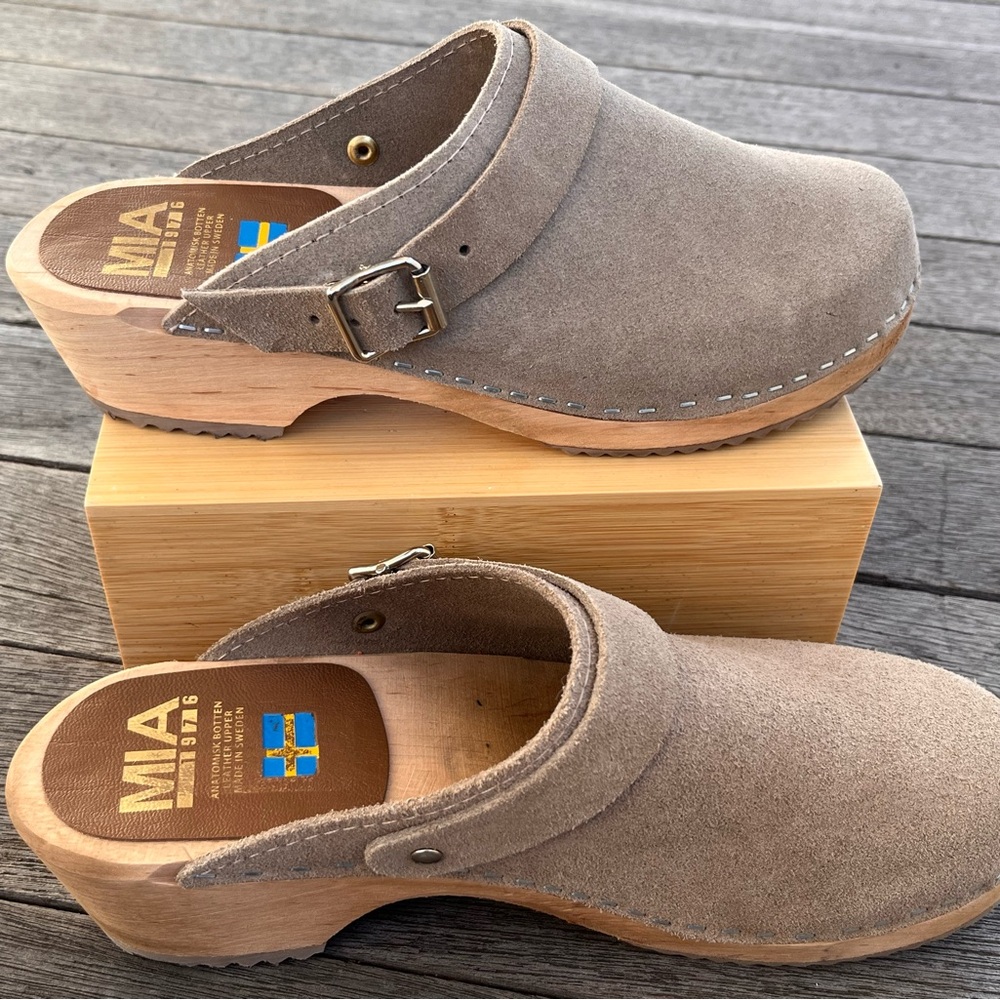 MIA Taupe Suede Clogs with Wooden Heel